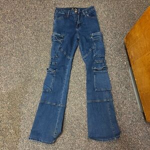 Fashion Nova Dark Blue Flare Cargo Jeans